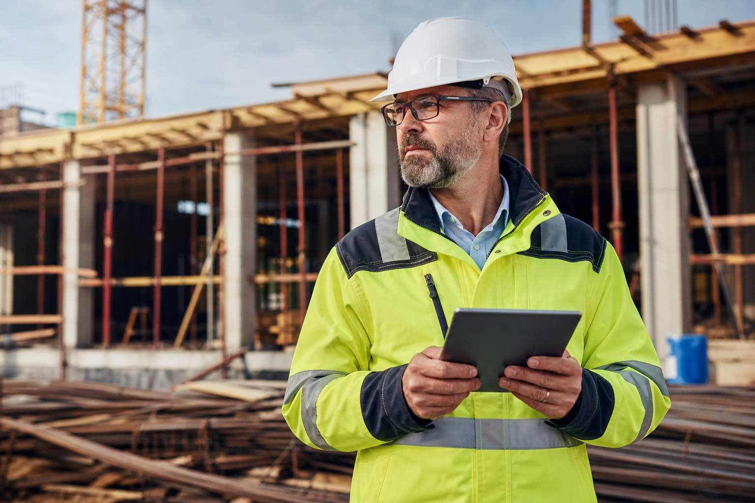Construction manager with tablet at a job site
