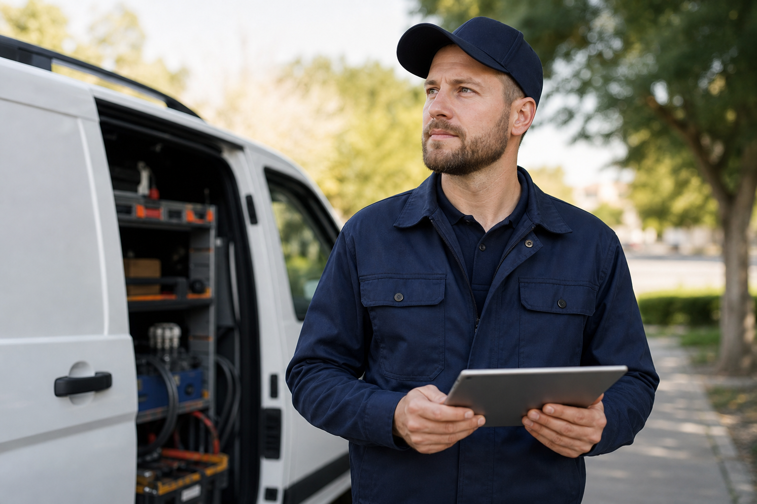 Field service technician using a tablet on the job